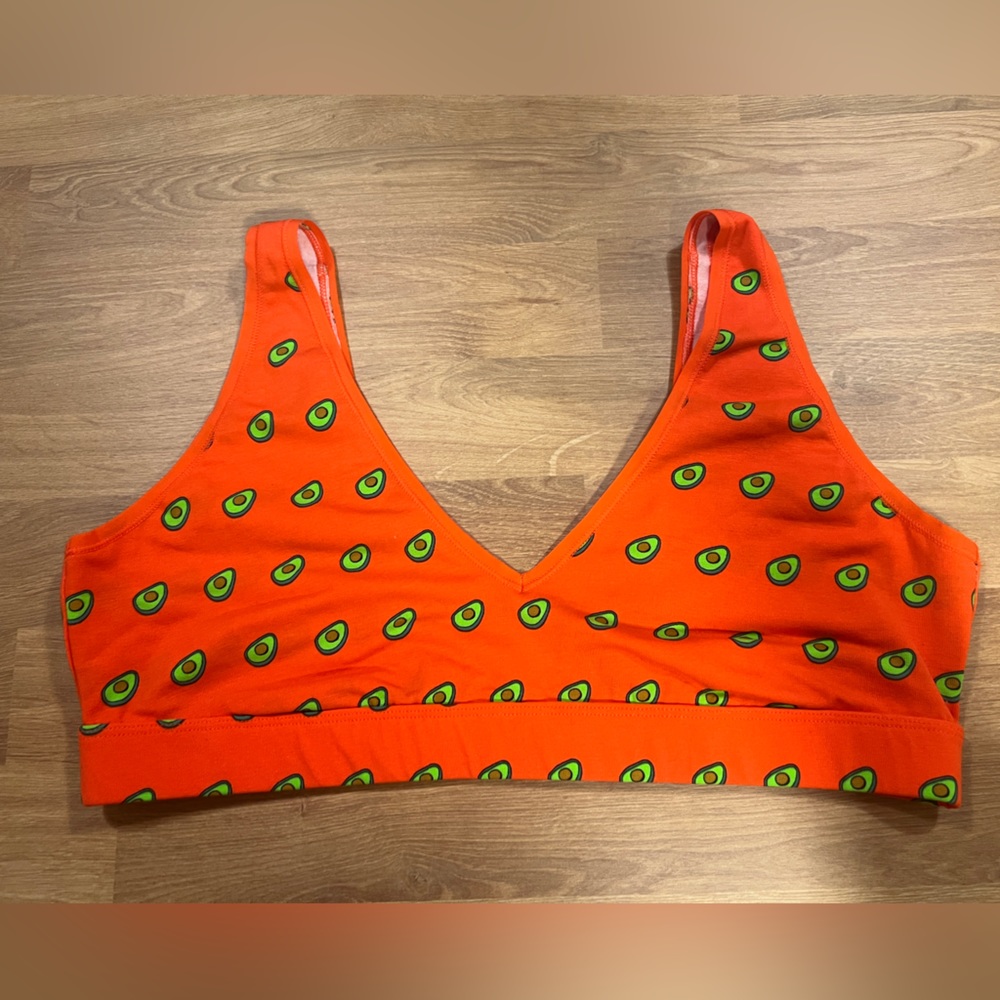 MeUndies stretch cotton v-neck bralette red with avocado pattern, large